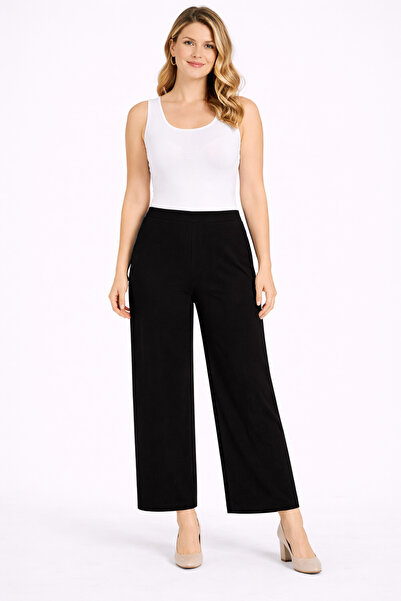Şans Women's Plus Size Black, Elastic Waist, Wide Leg Crepe Pants 65N39373