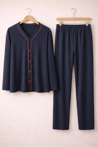RUKOD Men's Long Sleeve Dark Navy Blue Shirt Collar Button Pajama Set