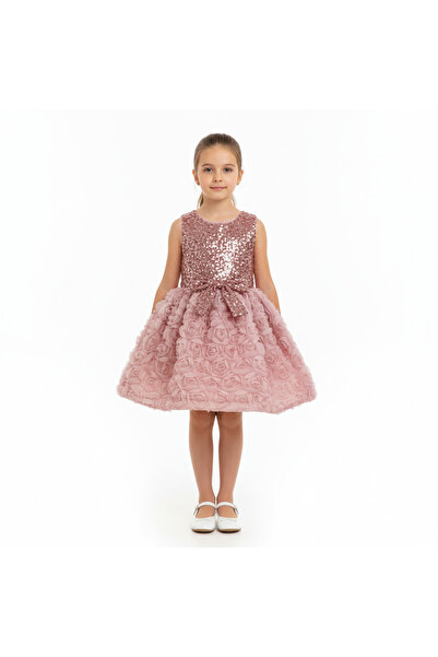 ddaniela فستان دانييلا - فستان تول لامع بتلات الورد - وردي - من سنتين إلى 8 س...