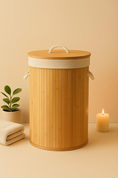 ROYALHOUSE Bambu Yuvarlak Çamaşır Sepeti Kapaklı – Dekoratif ve Modern Tasarı...