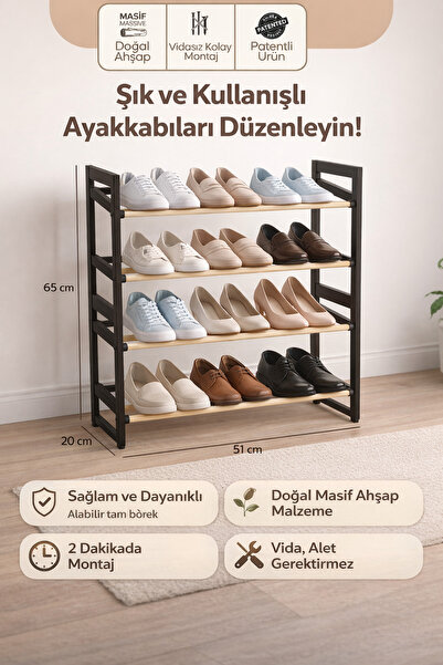 Arma House 4 Katlı Ahşap Ayakkabılık Vidasız Kurulum Metal Gövdeli Çok Amaçlı...