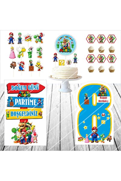 abjad Süper Mario Doğum Günü Masa Panosu / Pasta Süsü Seti 8 Yaş
