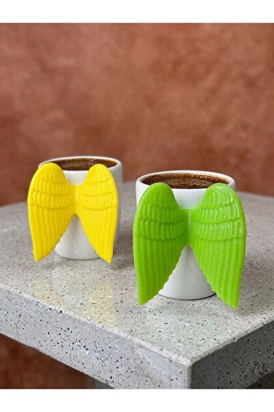 Ara Porselen İki Kişilik Sarı ve Yeşil Silikon Kanatlı Melek Kahve Fincanı ( ...