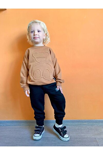 Motebarn Wear Boy's Teddy Bear Embossed Sweatshirt Black Sweatpants 2-Piece Set