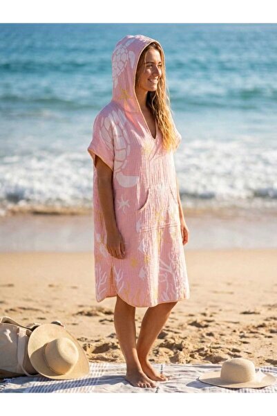 MODA 3 KAT MÜSLİN JAKARLI PAMUK YETİSKİN KAPÜŞONLU OVERSİZE PANÇO