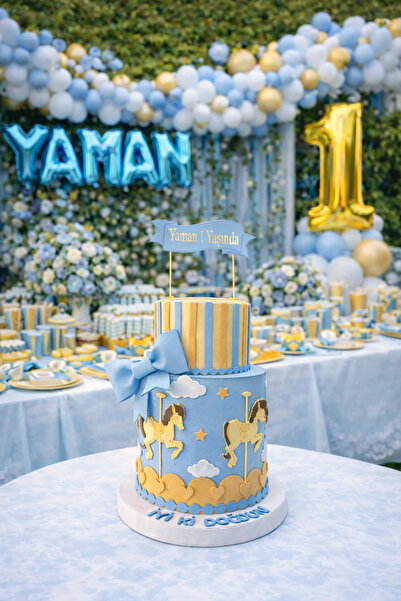 OGELAPARTY Atlı Karınca Konseptli Erkek Bebek Maket Pasta – Mavi fiyonklu mak...