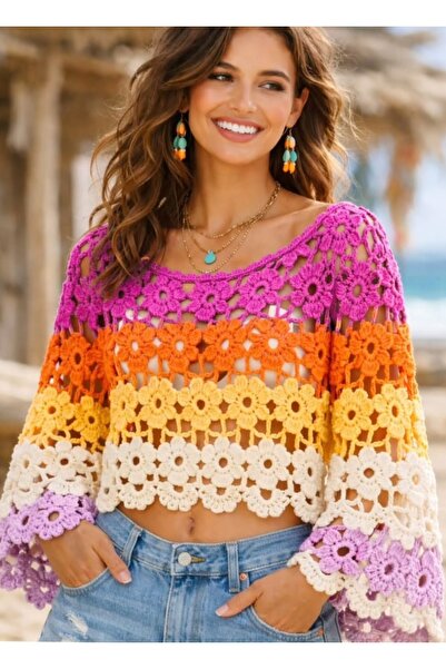 MEGA Megahan boutique bohem renkli tig işi baharlık, yazlik file bluz s/m beden