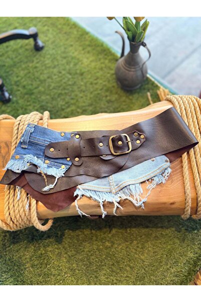 Yılday Gür Butik Elowen Jeans Detailed Brown Leather Belt - Denim Paneled Des...