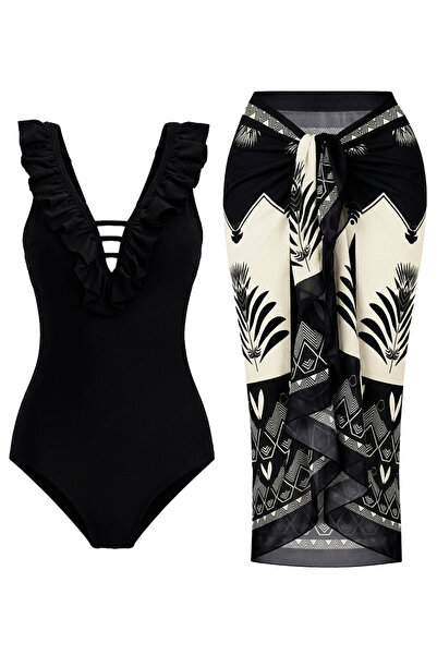 CUPSEA Slimming Effect Ruffled Front Black Swimsuit g Geometric Patterned Par...