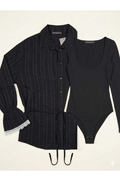 Foola Moda Çizgili Gömlek Body Hediyeli Kadın Gömlek Takım Bel Bağlamalı Şık ...