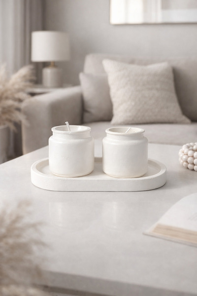 Tatlı Kokulu Dekoratif Mum Seti 2’li – Minimal Tepsili Beton Mum 100 gr