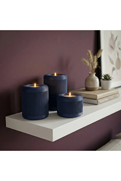 comes ALAZ I Serisi Lacivert 3'lü Dikey Yivli Modern Tealight Mumluk Seti 6 cm