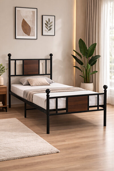 MARIA HOMES إطار سرير معدني أسود مع لوحة خشبية مميزة