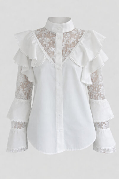 Julidress ياقة مرتفعة متوسطة الطول مكشكش دانتيل قميص فاخر بتفاصيل دقيقة