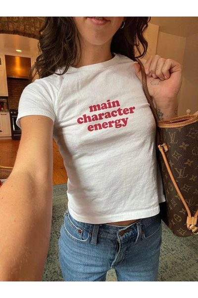 1blood Beyaz Main Character Energy Printed Cropped