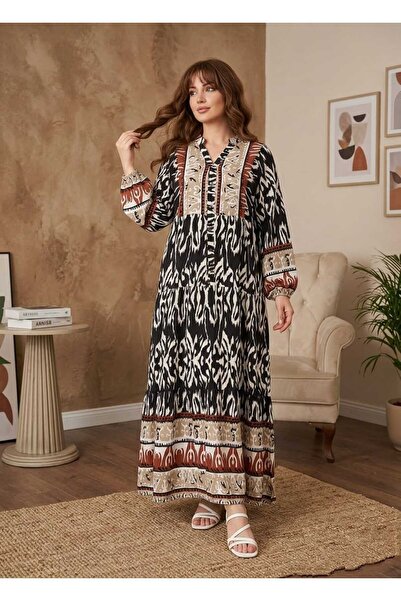 JustFab Women Bohemian Pattern Maxi Dress – Long Sleeve Modest Loose Fit Ethn...