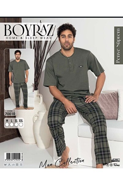 GAMZELİRENKLERİM Boyraz Short Sleeves - Long Bottom Men's Pajama Set Combed C...