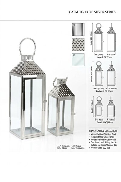 Generic طقم فوانيس معدنية فضية اللون مع زجاج شفاف - 3 أحجام