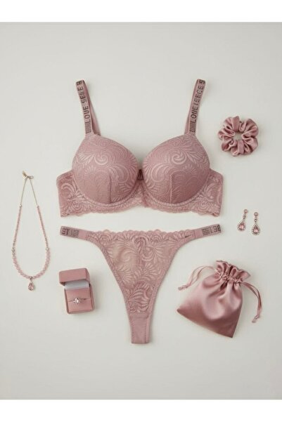 SATTENS Stone-Embellished Supportive Bra Set B Cup Push-Up Love Secret