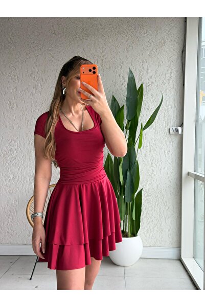 QİMYA BUTİK Buketli̇ Women's Slim Sc Scuba Umaş Skirt Double Layer Square Col...