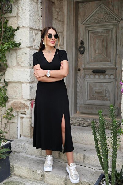 QİMYA BUTİK Buketli̇ Women's V-Neck Short Sleeve Y Slit Basic Dress