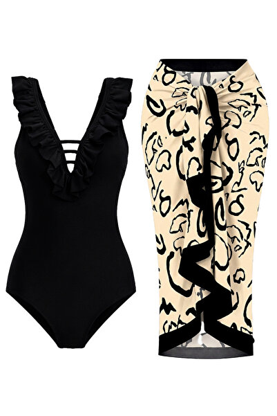 CUPSEA Slimming Effect Ruffled Front Black Swimsuit S Abstract Patterned Pare...