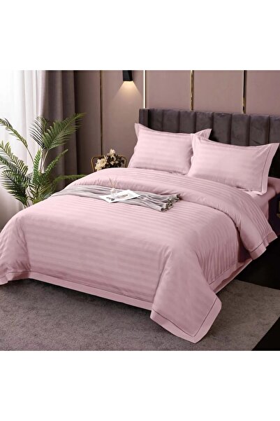 Casa Pucioasa Lenjerie pat Damasc finetat 4 Piese, Cearceaf cu Elastic, roz d...