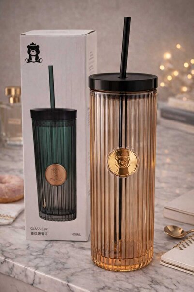 Banum Luxury Premium Luxury Striped Glass Cup with Straw 470ml