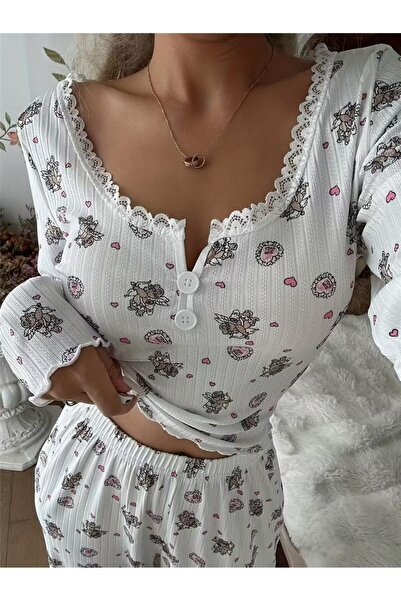 KADİRWEAR Ayı Melek Baskılı Sonbahar Kış Uzun Kollu Uzun Pijama Takımı