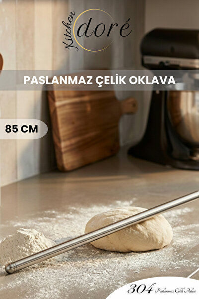 KitchenDORE 85 cm Gümüş Tasarım Paslanmaz Çelik Oklava 304 Çelik İnce Hamur A...