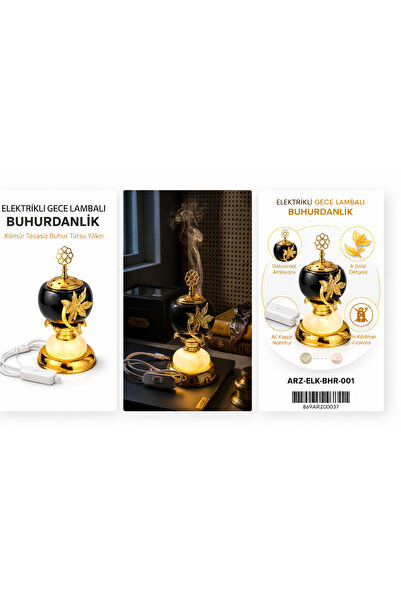 ARUZEN Elektrikli Gece Lambalı Buhurdanlık Siyah Gold Dekoratif Tütsülük Kömü...