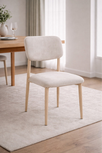MARIA HOMES Beige Upholstered Dining Chair with Wooden Legs Modern Dining Roo...