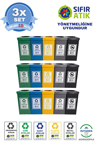 ÖZTAMER 3 SET 15 PARÇA 5'li Geri Dönüşüm ve Sıfır Atık Kutusu Seti - Cam, Kağ...