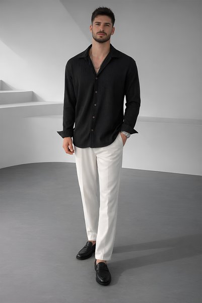 beuivo Men's Black Comfortable Fit Long Sleeve Ribbed Ottoman Shirt