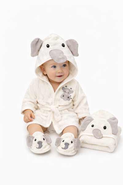 İZYALİF BABY Erkek Bebek Hayvan Fiğürlü 4 Parça Havlu Bornoz Seti Terlik Yıka...