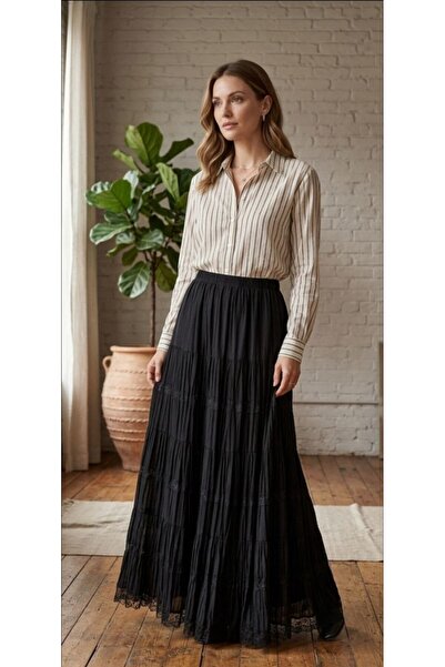 LİFERA تنورة قطنية ممشطة فاخرة بتفاصيل دانتيل