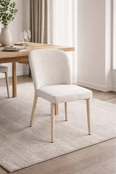 MARIA HOMES Beige Upholstered Dining Chair with Wooden Legs Modern Dining Roo...