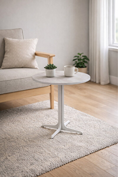 MARIA HOMES Round Light Grey Ceramic Side Table with Metal Base 45×45×55 cm M...