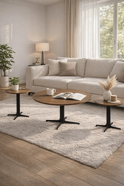 MARIA HOMES Light Brown Ceramic Coffee Table Set 1+2 with Metal Base 80×80×48...