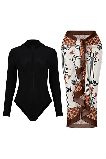 CUPSEA Costum de baie negru cu mânecă lungă și fermoar material elastic Set d...