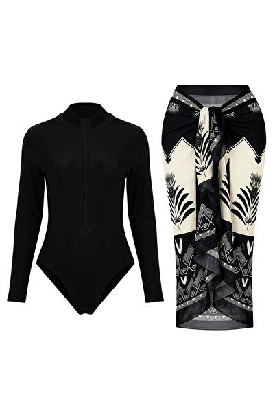 CUPSEA Costum de baie negru cu mânecă lungă și fermoar material elastic cu mo...