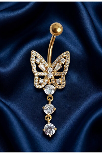 MinAccessory Zirkon Taşlı Sallantılı Kelebek Model 316 L Çelik Göbek Piercing