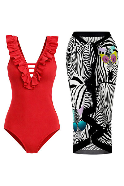 CUPSEA Slimming Effect Red Swimsuit with Ruffles on the Front Zebra D Pattern...