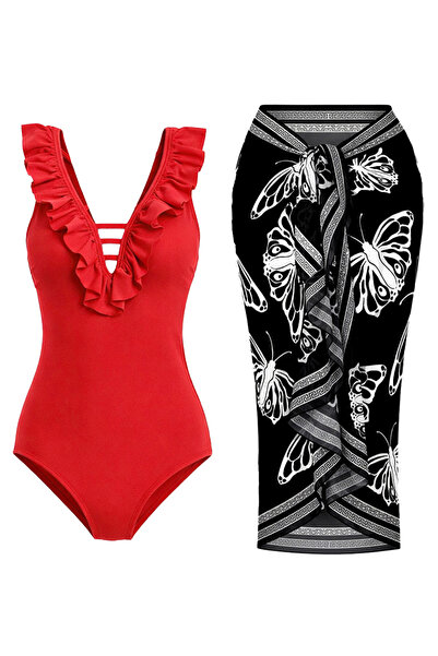 CUPSEA Slimming Effect Red Swimsuit with Ruffles on the Front Kelebek D Patte...