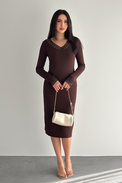 Noa&Noa Women's Lace Detailed V-Neck Dress – Long Sleeve Stylish Casual Dress