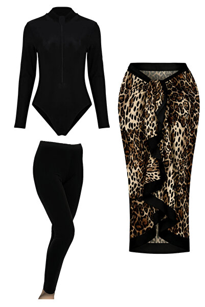 CUPSEA 3-Piece Set Black Long Sleeve Bodysuit Swimsuit Lycra Long Leggings Le...