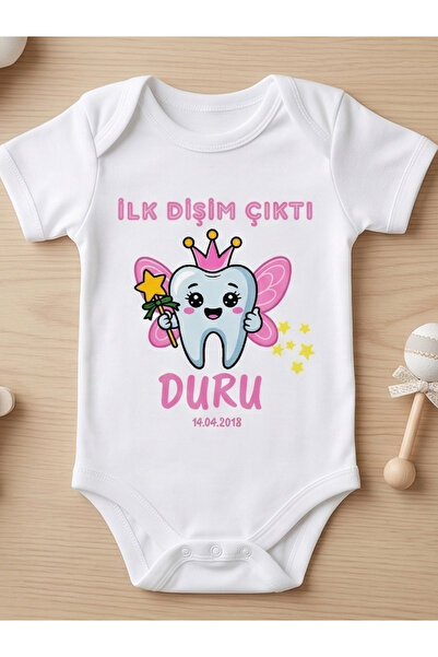 EGGBABY İsme Özel Kişiselleştirilebilir İlk Dişim Çıktı Yazılı Kız Bebek Zıbın %100 Pamuk Body Diş Buğdayı