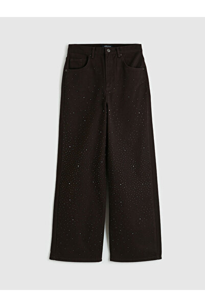 LC Waikiki Lcw Jeans Brown High Waist Wideleg Stoned Women's Jean Trousers fr...