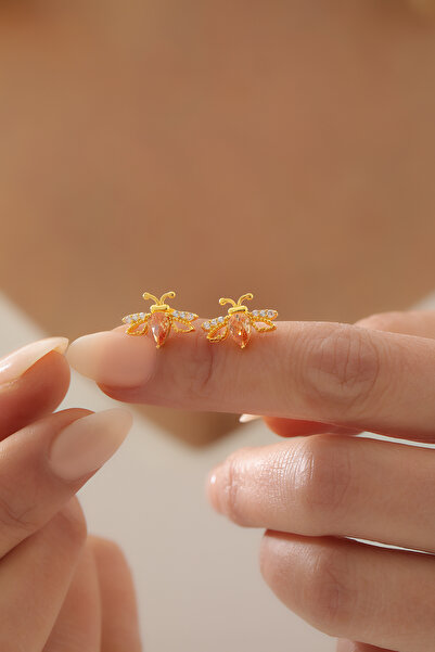 missamori 925 Ayar Gümüş Gold Kaplama Zirkon Taşlı Arı Küpe