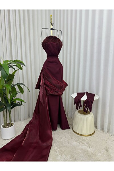ALSAMAH Burgundy embroidered dress with a gazar train and a sequined top on s...